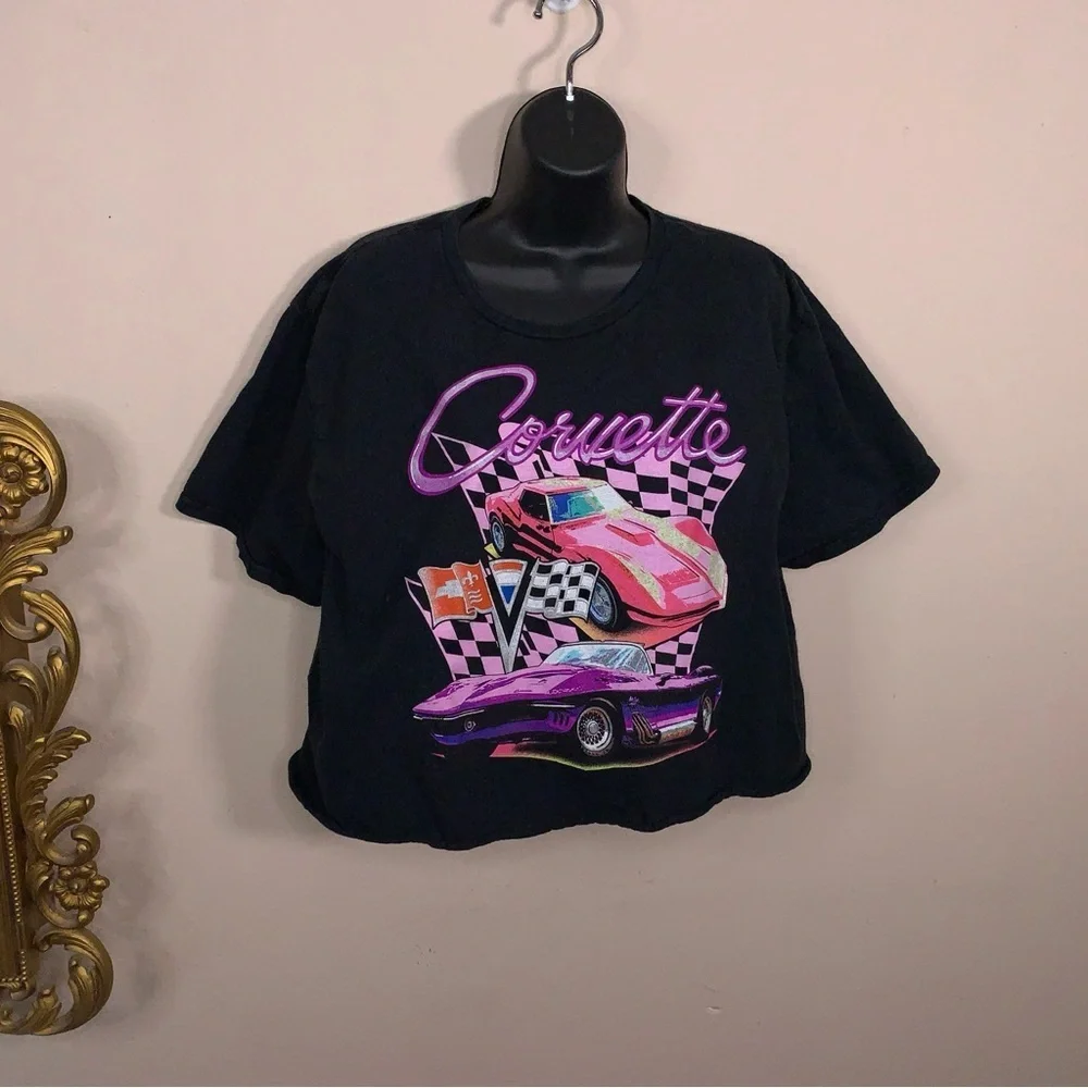 XL Chemistry Corvette Cropped Tshirt Womens Black Pink Graphic Retro Cotton